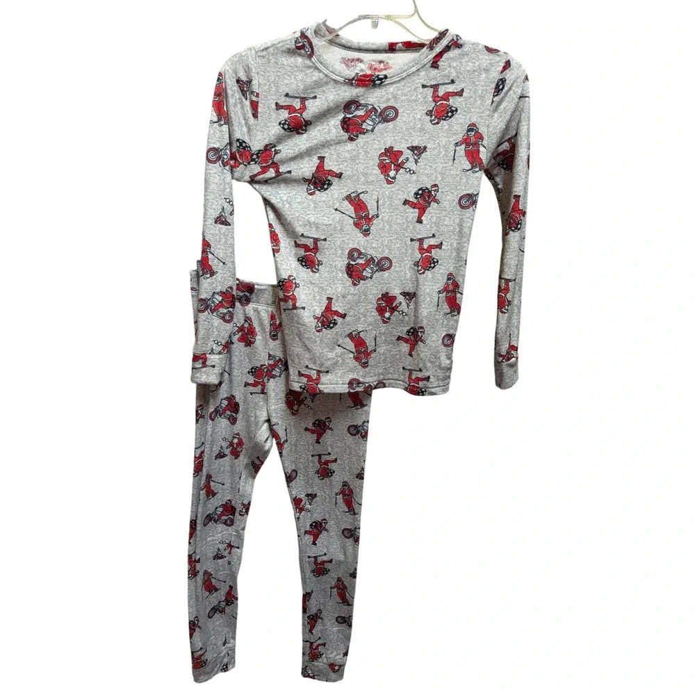 Cat & Jack Kids Size 10 Santa Skiing Motorcycle Pajama Set Gray Red Holiday PJs